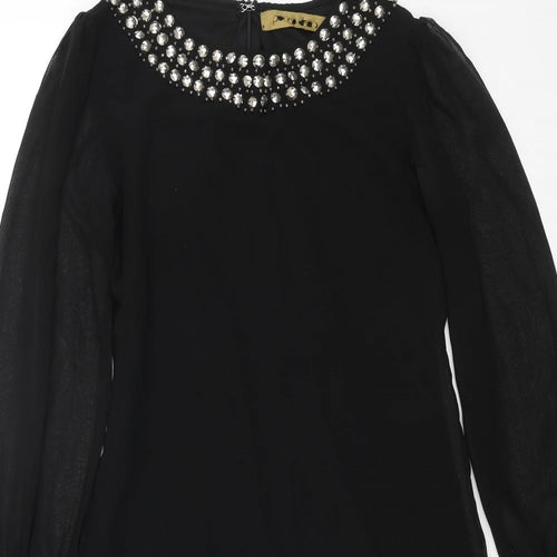 Preworn Womens Black Polyester A-Line Size 8 Round Neck Zip