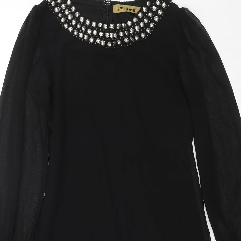 Preworn Womens Black Polyester A-Line Size 8 Round Neck Zip