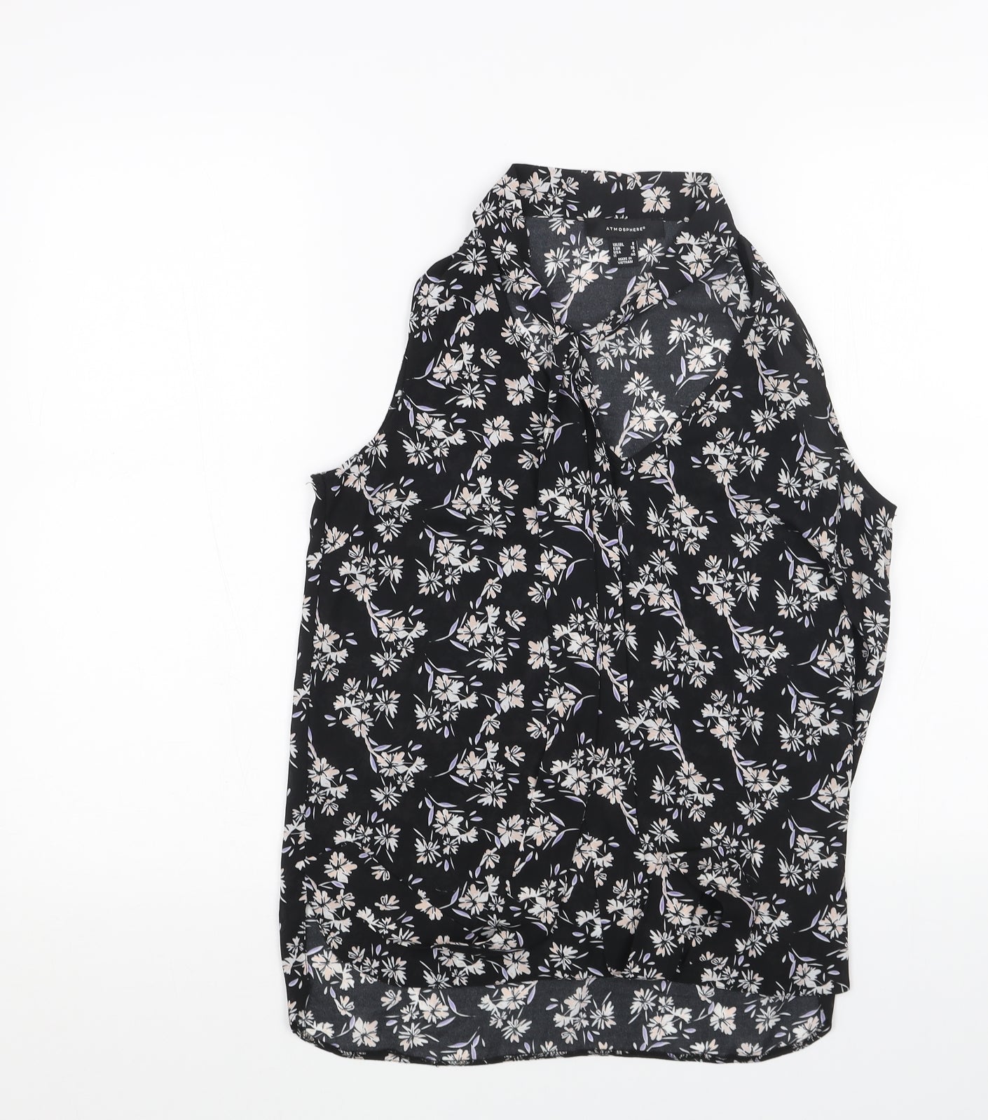 Primark Womens Black Floral Polyester Basic Blouse Size 8 V-Neck - Pussy Bow Neck