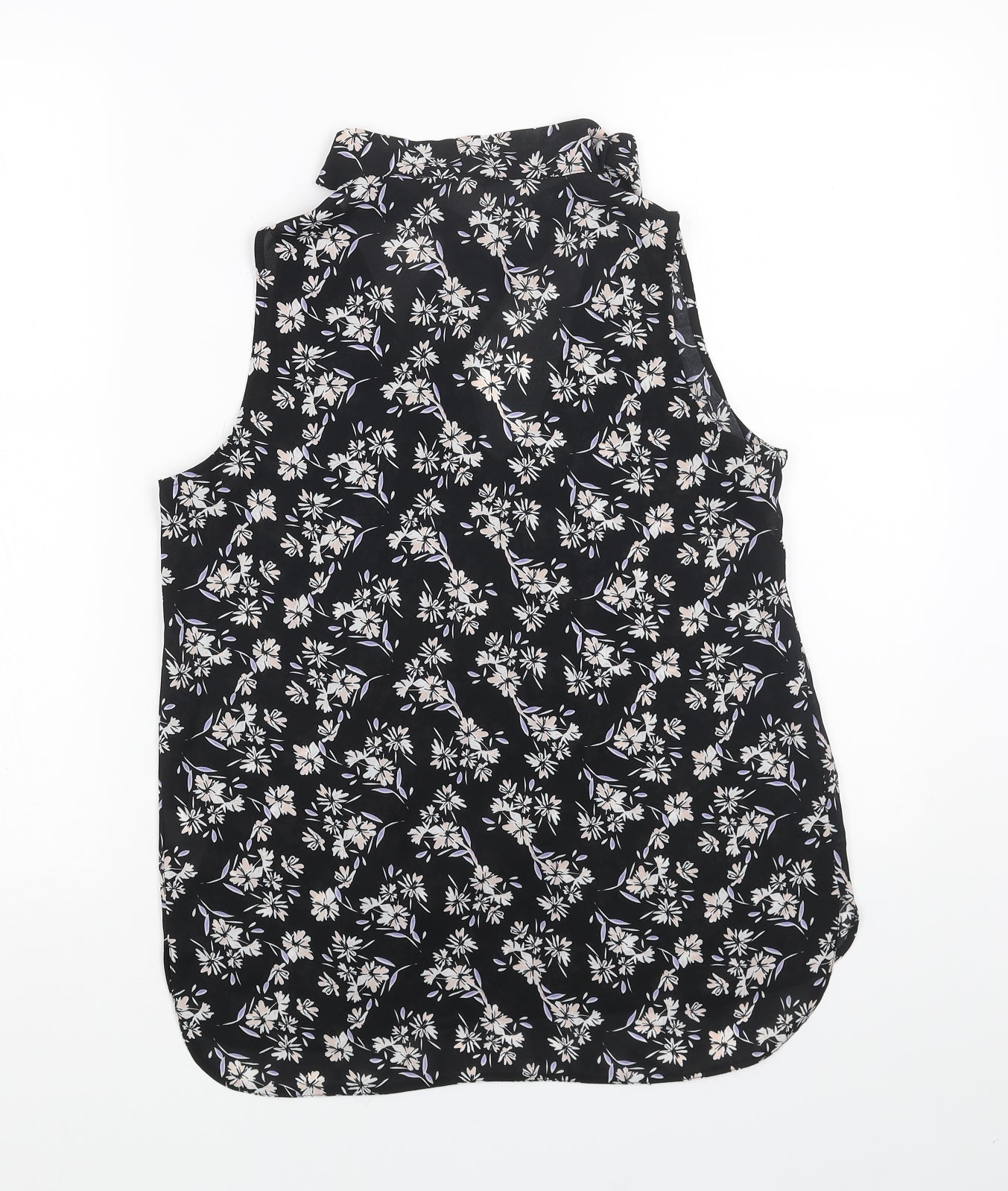 Primark Womens Black Floral Polyester Basic Blouse Size 8 V-Neck - Pussy Bow Neck