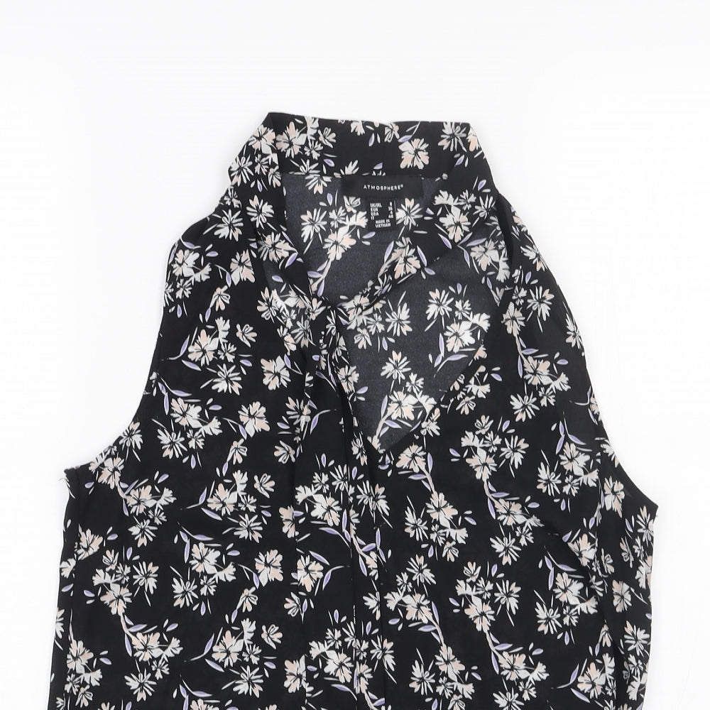 Primark Womens Black Floral Polyester Basic Blouse Size 8 V-Neck - Pussy Bow Neck