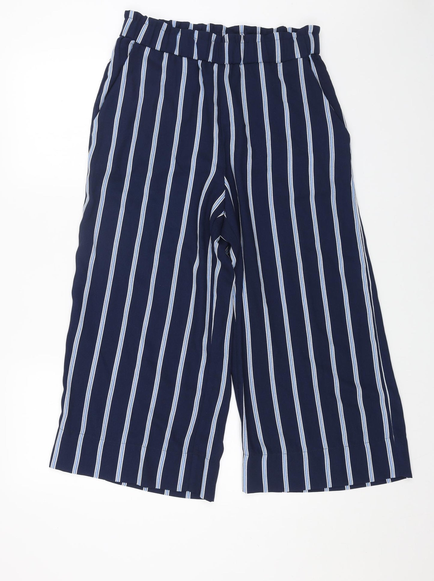 H&M Womens Blue Striped Polyester Trousers Size 12 L21 in Regular Zip