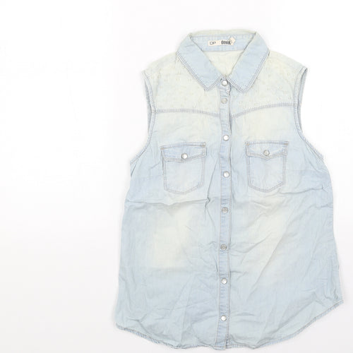 DP Womens Blue Cotton Basic Button-Up Size 10 Collared - Pearl Detail
