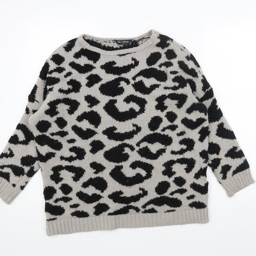 Miss Selfridge Womens Grey Round Neck Animal Print Acrylic Pullover Jumper Size 12 - Leopard Pattern