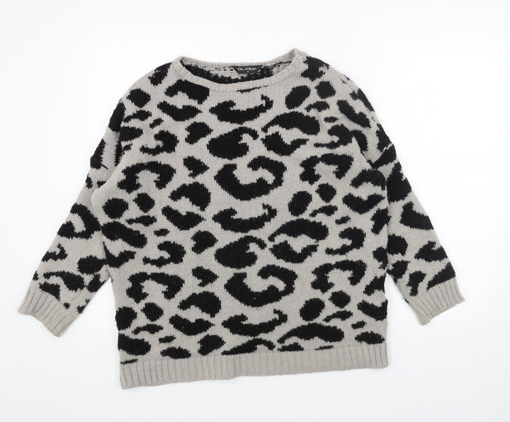 Miss Selfridge Womens Grey Round Neck Animal Print Acrylic Pullover Jumper Size 12 - Leopard Pattern