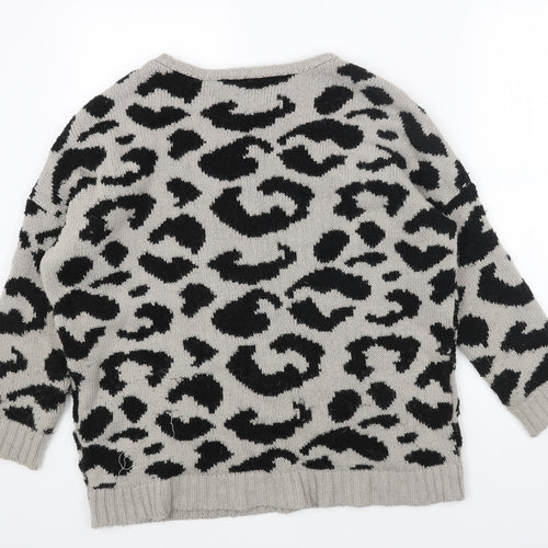 Miss Selfridge Womens Grey Round Neck Animal Print Acrylic Pullover Jumper Size 12 - Leopard Pattern