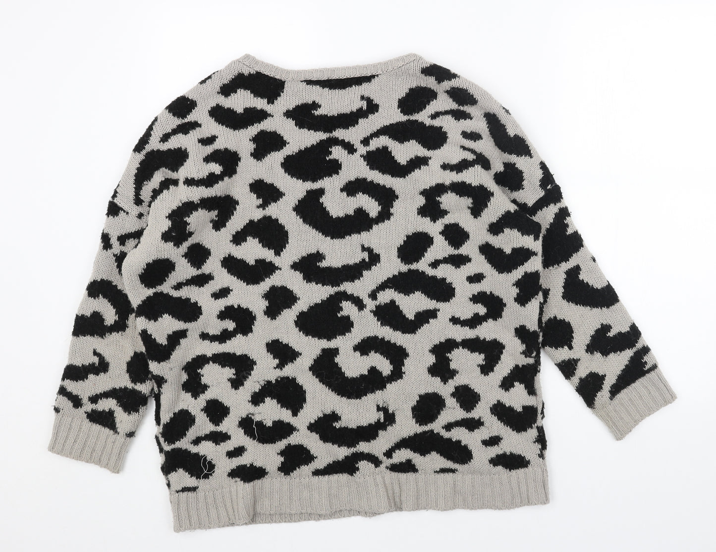 Miss Selfridge Womens Grey Round Neck Animal Print Acrylic Pullover Jumper Size 12 - Leopard Pattern