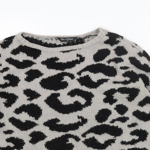 Miss Selfridge Womens Grey Round Neck Animal Print Acrylic Pullover Jumper Size 12 - Leopard Pattern