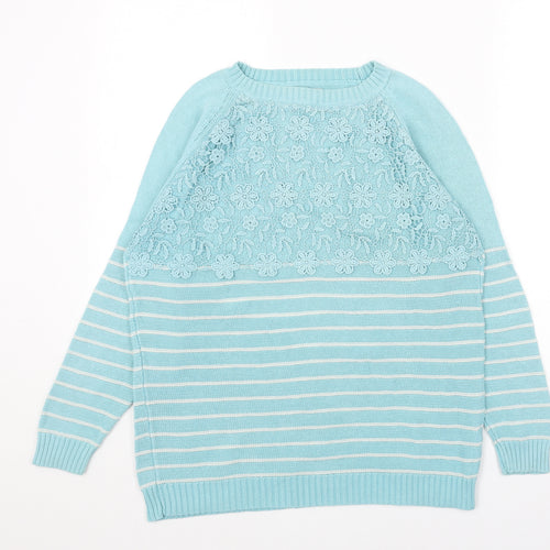 Cotton Traders Womens Blue Round Neck Striped Cotton Pullover Jumper Size 10 - Flower Pattern Size 10-12