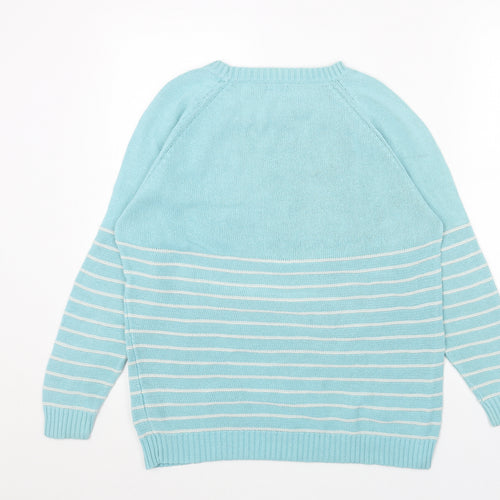 Cotton Traders Womens Blue Round Neck Striped Cotton Pullover Jumper Size 10 - Flower Pattern Size 10-12