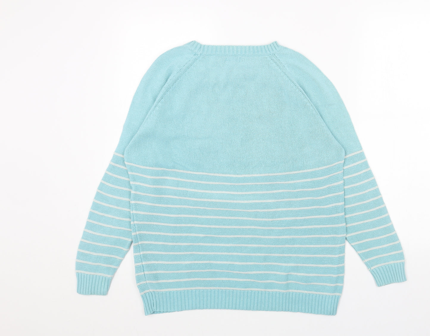 Cotton Traders Womens Blue Round Neck Striped Cotton Pullover Jumper Size 10 - Flower Pattern Size 10-12