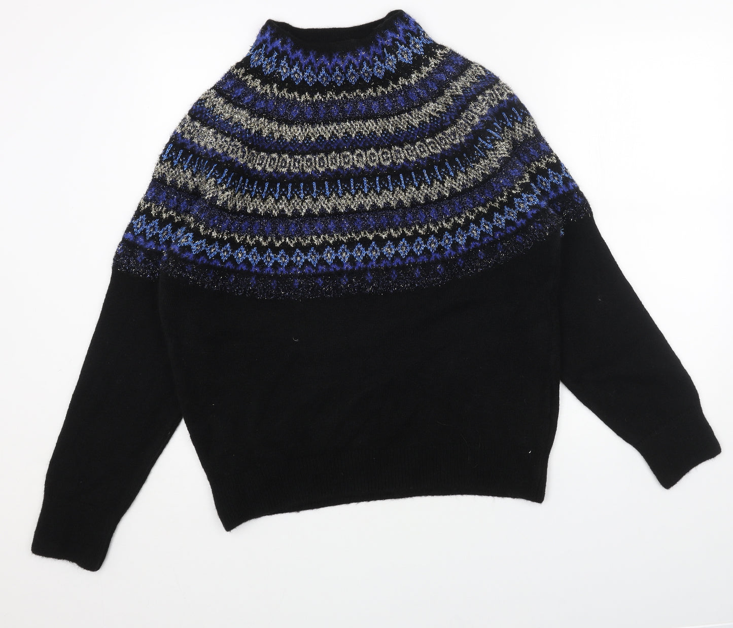 Marks and Spencer Womens Black Round Neck Fair Isle Acrylic Pullover Jumper Size M