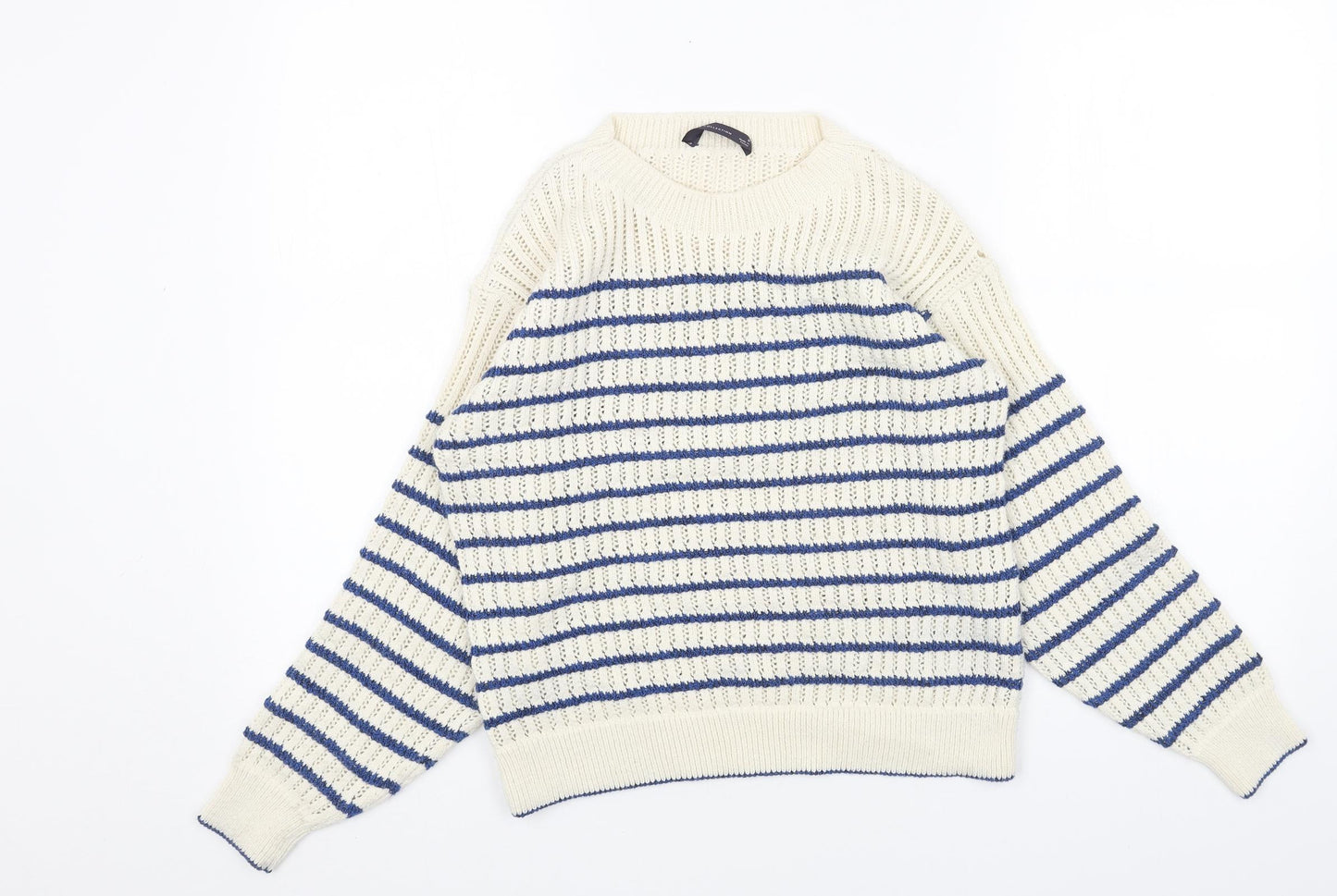 Marks and Spencer Womens Beige Round Neck Striped Cotton Pullover Jumper Size S
