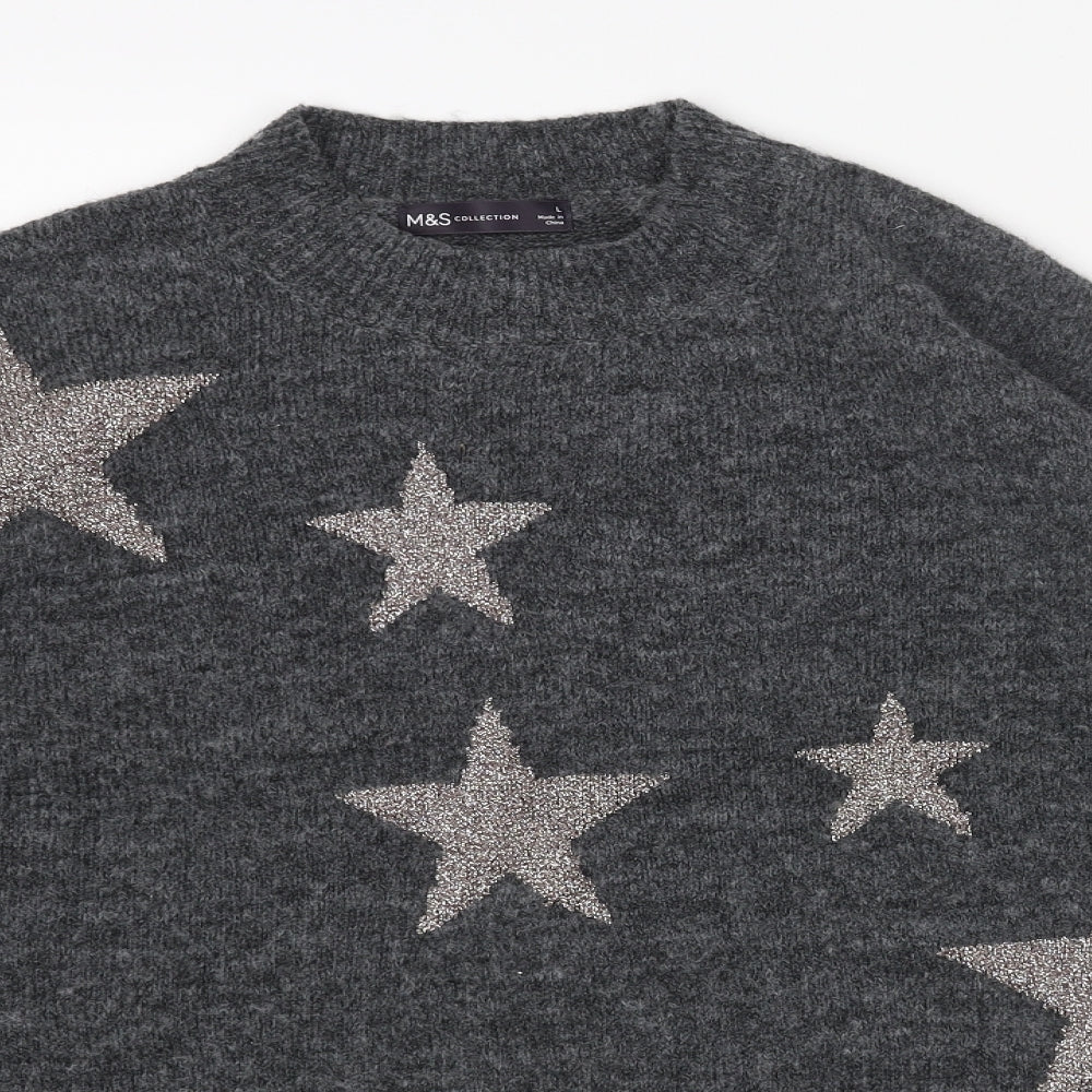 Marks and Spencer Womens Grey Round Neck Geometric Acrylic Pullover Jumper Size L - Star Pattern