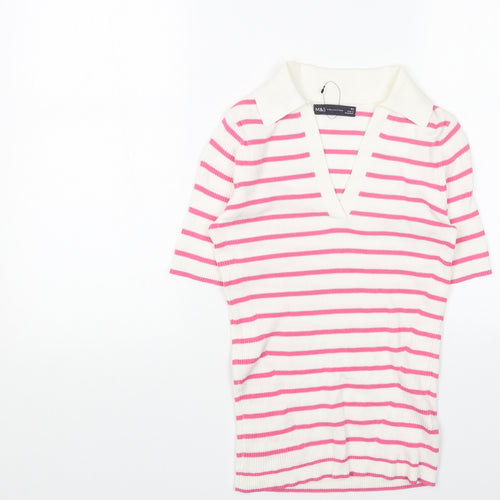 Marks and Spencer Womens Pink V-Neck Striped Viscose Pullover Jumper Size S
