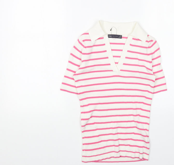 Marks and Spencer Womens Pink V-Neck Striped Viscose Pullover Jumper Size S