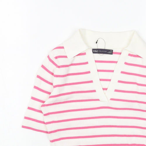 Marks and Spencer Womens Pink V-Neck Striped Viscose Pullover Jumper Size S