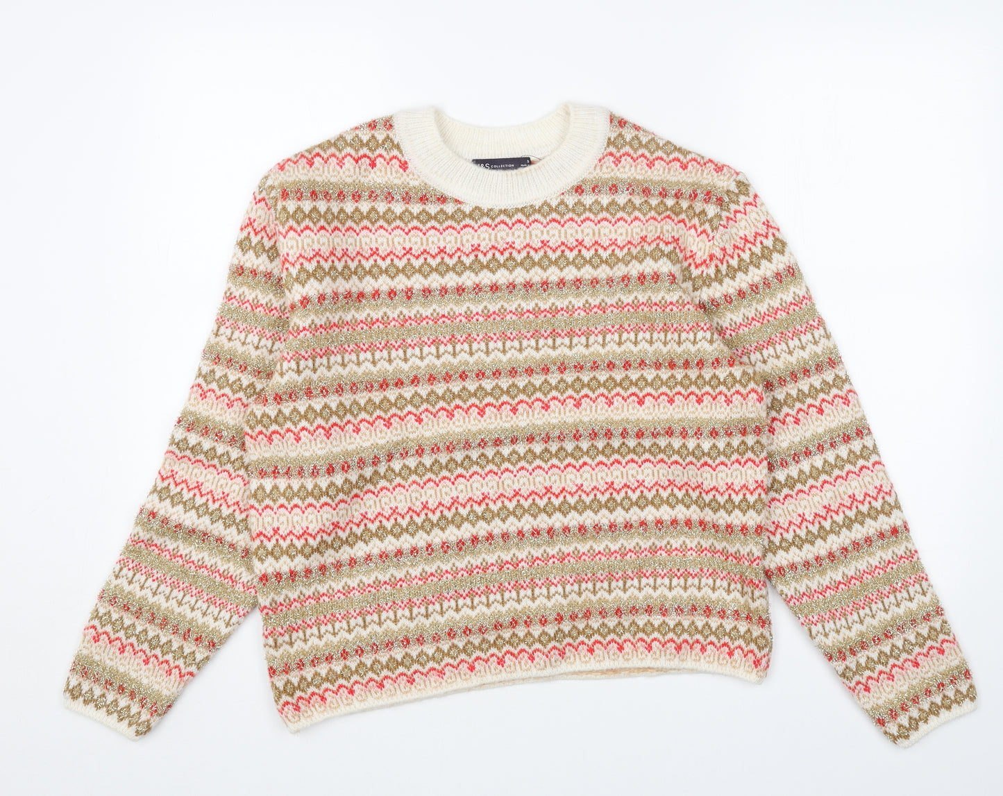 Marks and Spencer Womens Beige Round Neck Geometric Acrylic Pullover Jumper Size S