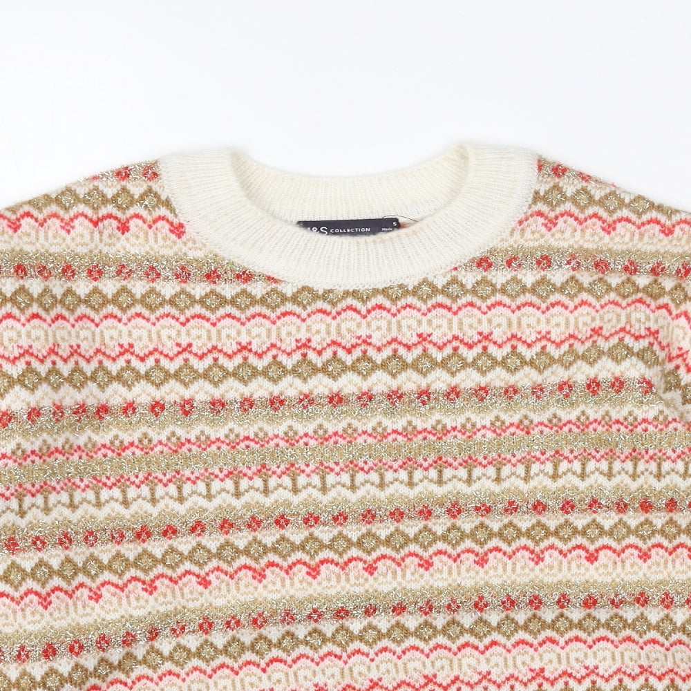 Marks and Spencer Womens Beige Round Neck Geometric Acrylic Pullover Jumper Size S