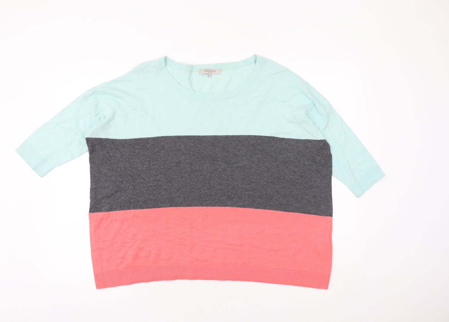 Great Plains Womens Multicoloured Striped Cotton Basic T-Shirt Size L Round Neck