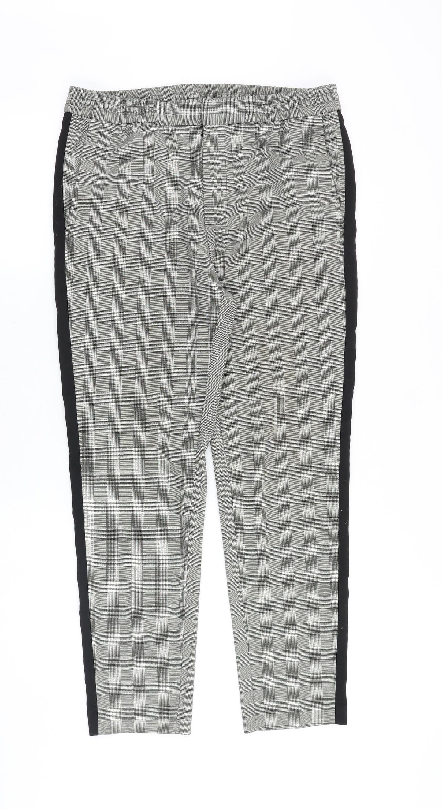 H&M Mens Grey Plaid Cotton Trousers Size 32 in Regular Zip - Side Stripe