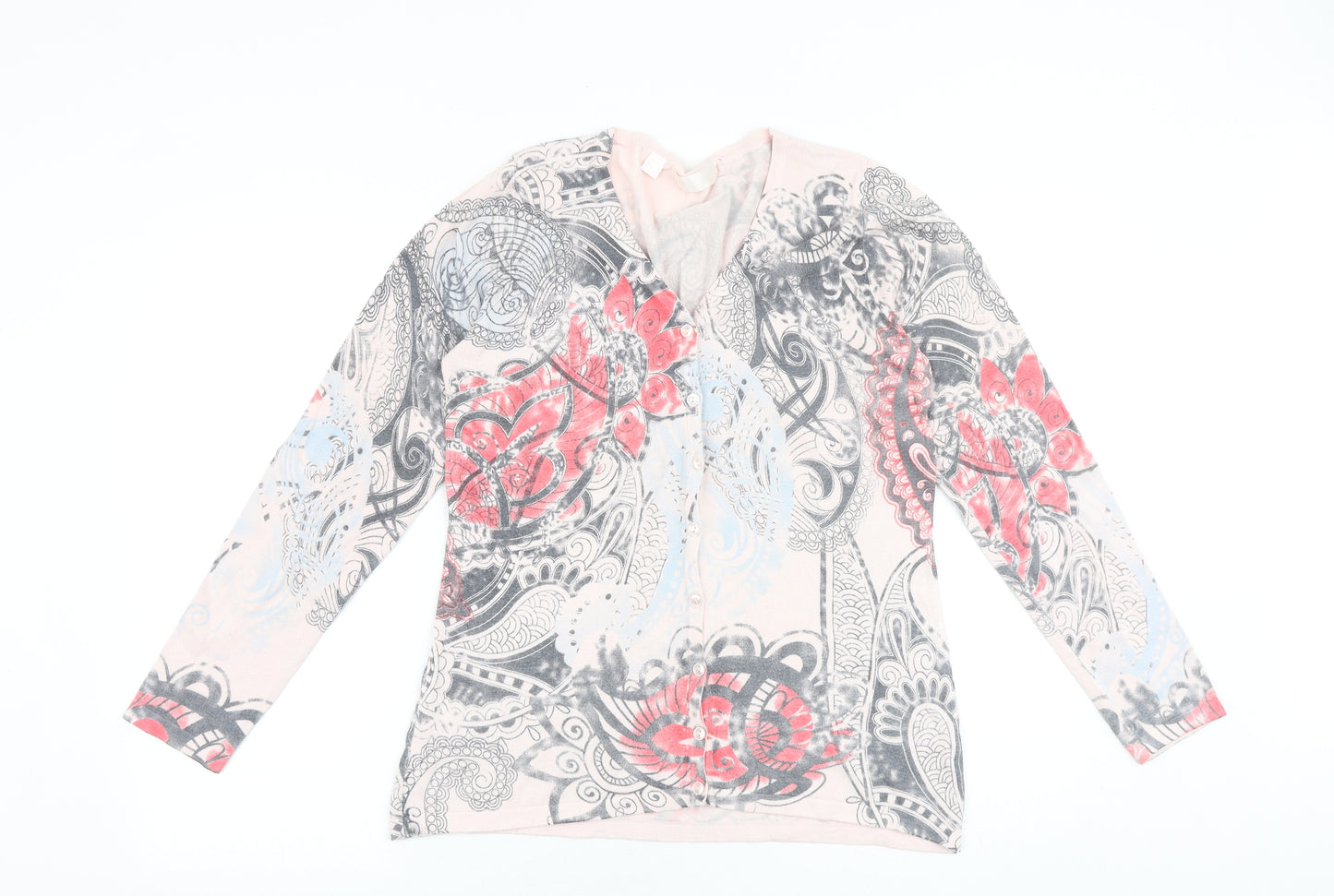 H&M Womens Pink V-Neck Geometric Viscose Pullover Jumper Size M