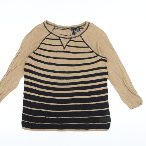 Cynthia Rowley Womens Brown Striped Viscose Basic T-Shirt Size L Round Neck