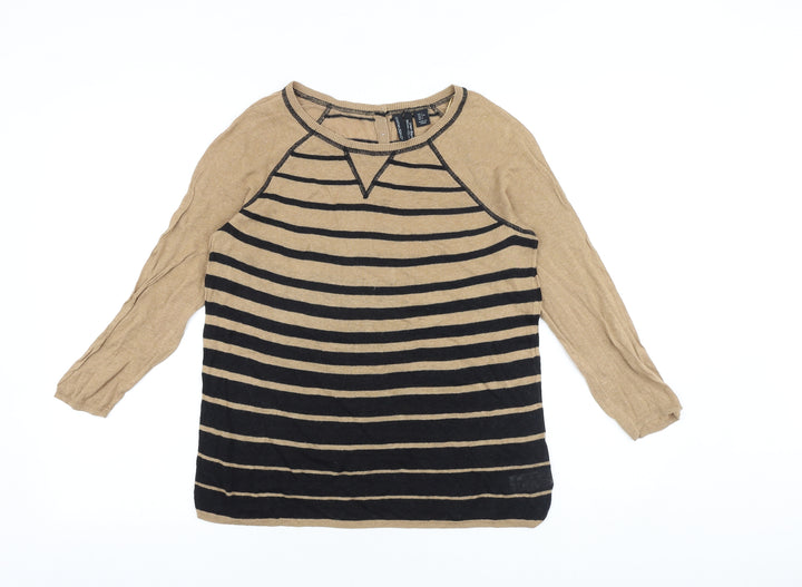 Cynthia Rowley Womens Brown Striped Viscose Basic T-Shirt Size L Round Neck