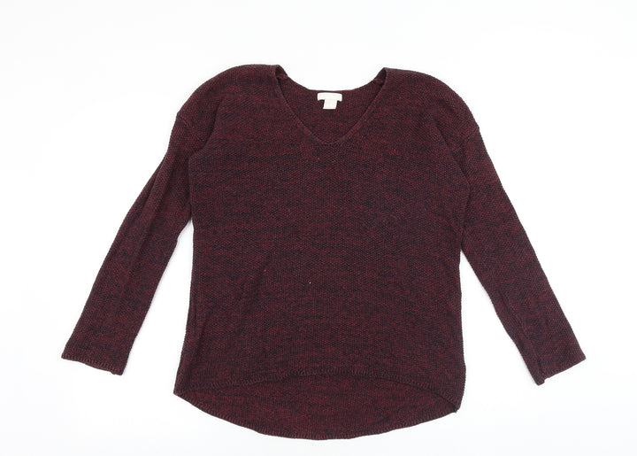 H&M Womens Red V-Neck Acrylic Pullover Jumper Size XS