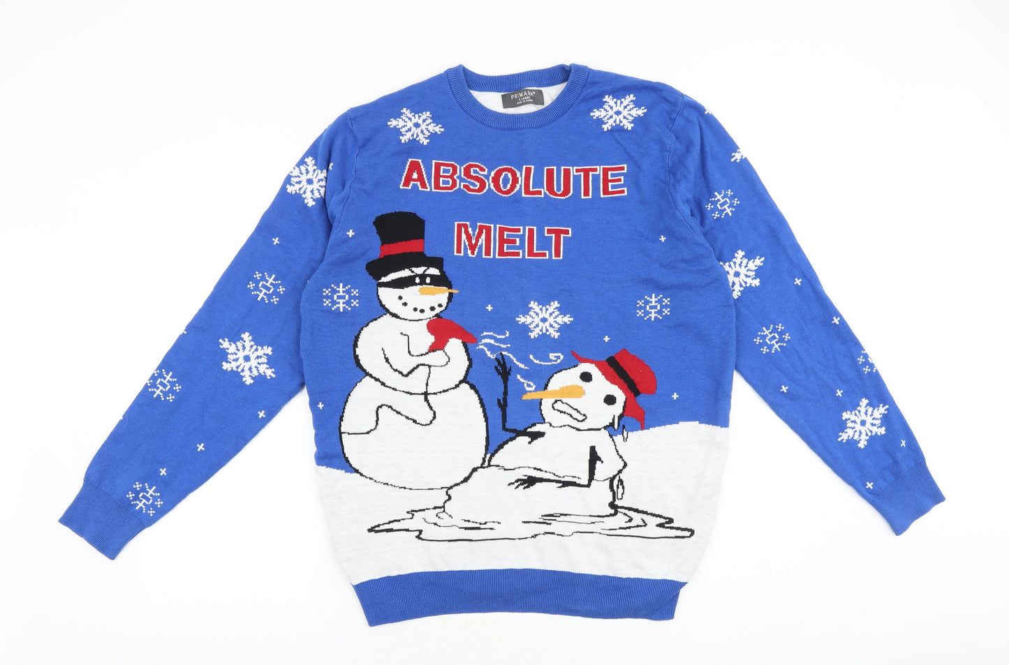 Primark Mens Blue Round Neck Geometric Acrylic Pullover Jumper Size XL Long Sleeve - Snowman, Absolute Melt