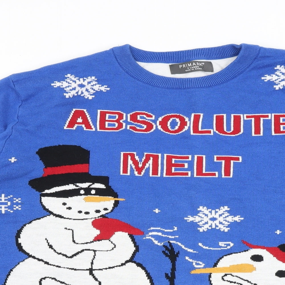 Primark Mens Blue Round Neck Geometric Acrylic Pullover Jumper Size XL Long Sleeve - Snowman, Absolute Melt