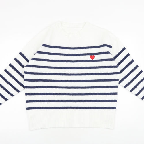 SheIn Womens White Round Neck Striped Acrylic Pullover Jumper Size L - Heart Detail