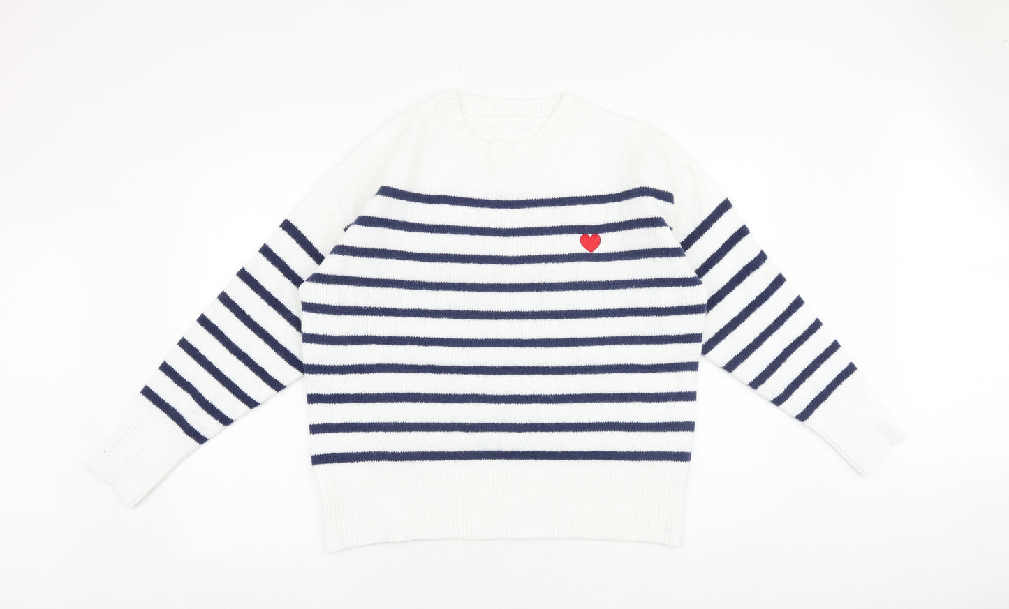 SheIn Womens White Round Neck Striped Acrylic Pullover Jumper Size L - Heart Detail