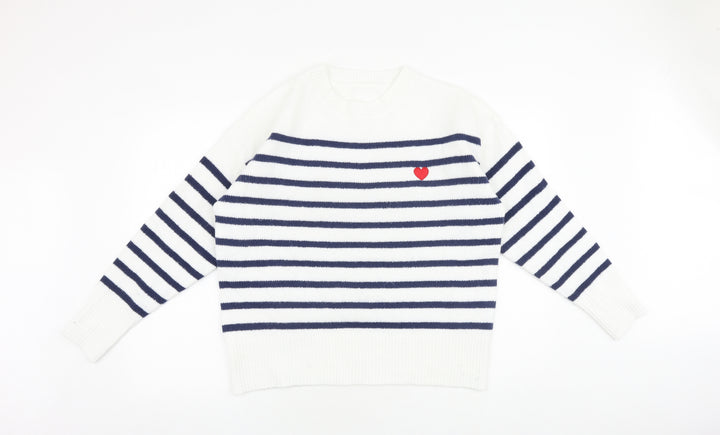 SheIn Womens White Round Neck Striped Acrylic Pullover Jumper Size L - Heart Detail