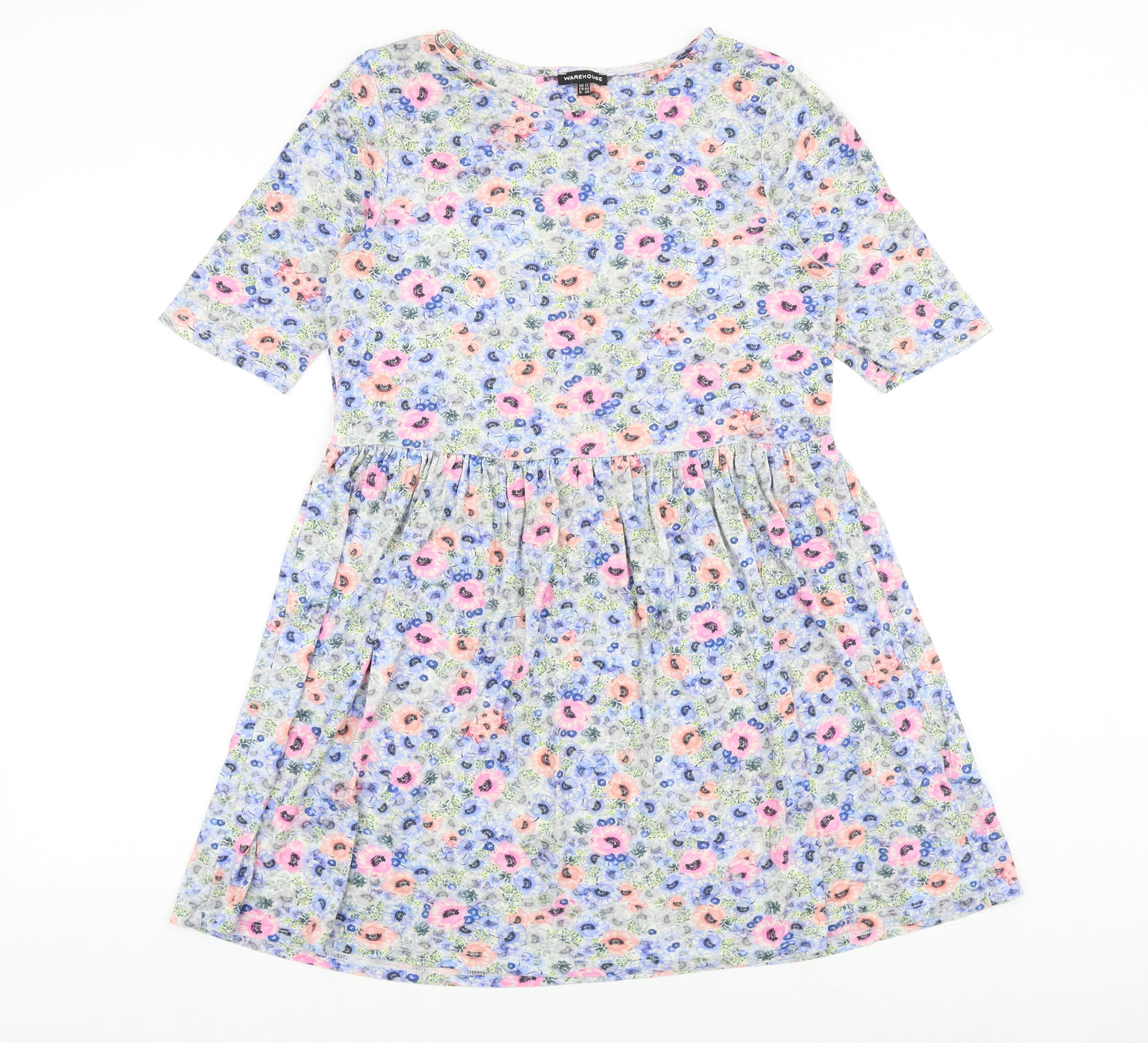 Warehouse Womens Multicoloured Floral Viscose Skater Dress Size 12 Round Neck Pullover
