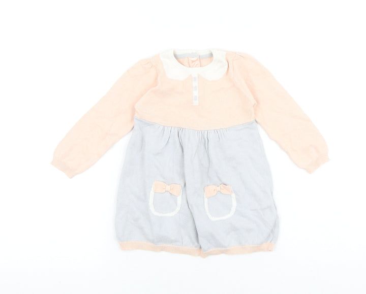 Marks and Spencer Baby Grey Colourblock 100% Cotton Jumper Dress Size 9-12 Months Round Neck Button