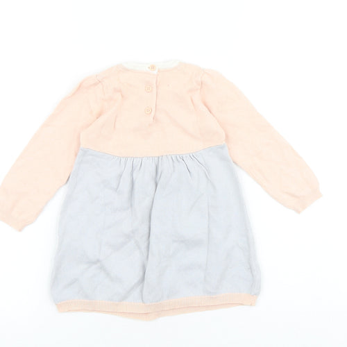 Marks and Spencer Baby Grey Colourblock 100% Cotton Jumper Dress Size 9-12 Months Round Neck Button