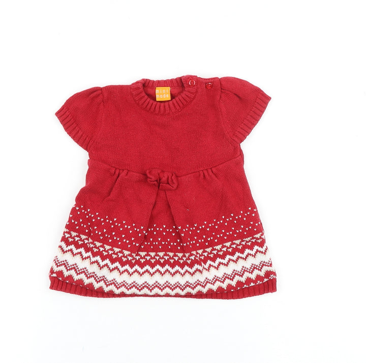 MINIMODE Baby Red Geometric 100% Cotton Jumper Dress Size 0-3 Months Round Neck Button
