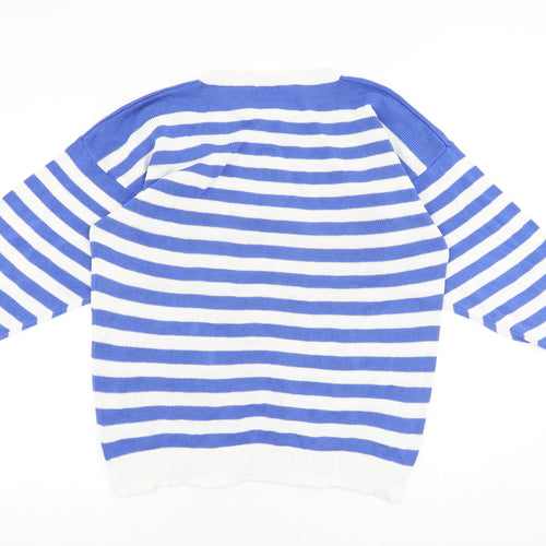 Preworn Womens Blue Round Neck Striped 100% Cotton Pullover Jumper Size 14