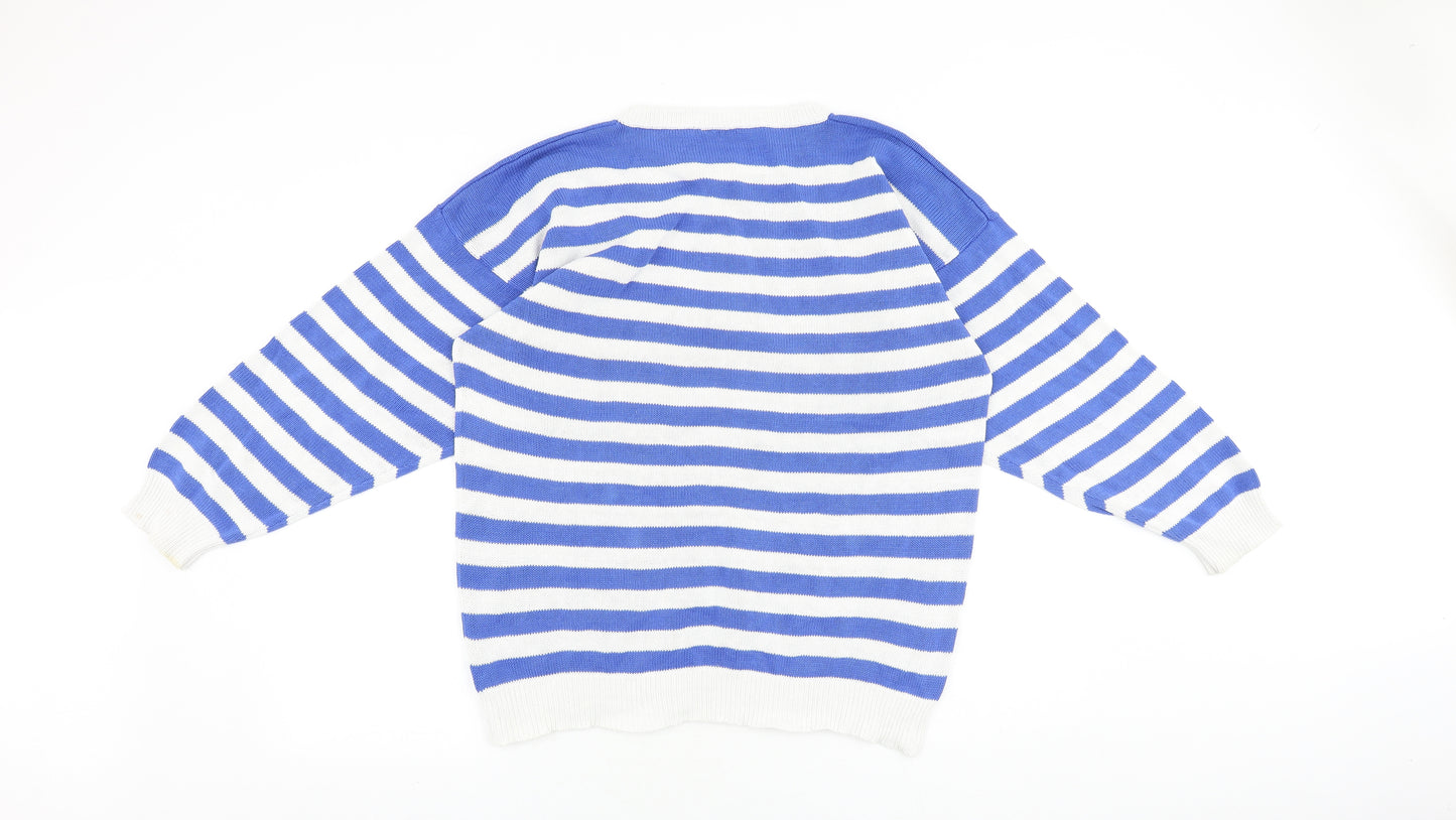 Preworn Womens Blue Round Neck Striped 100% Cotton Pullover Jumper Size 14