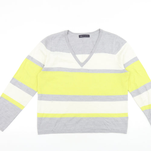 Marks and Spencer Womens Grey V-Neck Striped Acrylic Pullover Jumper Size 14
