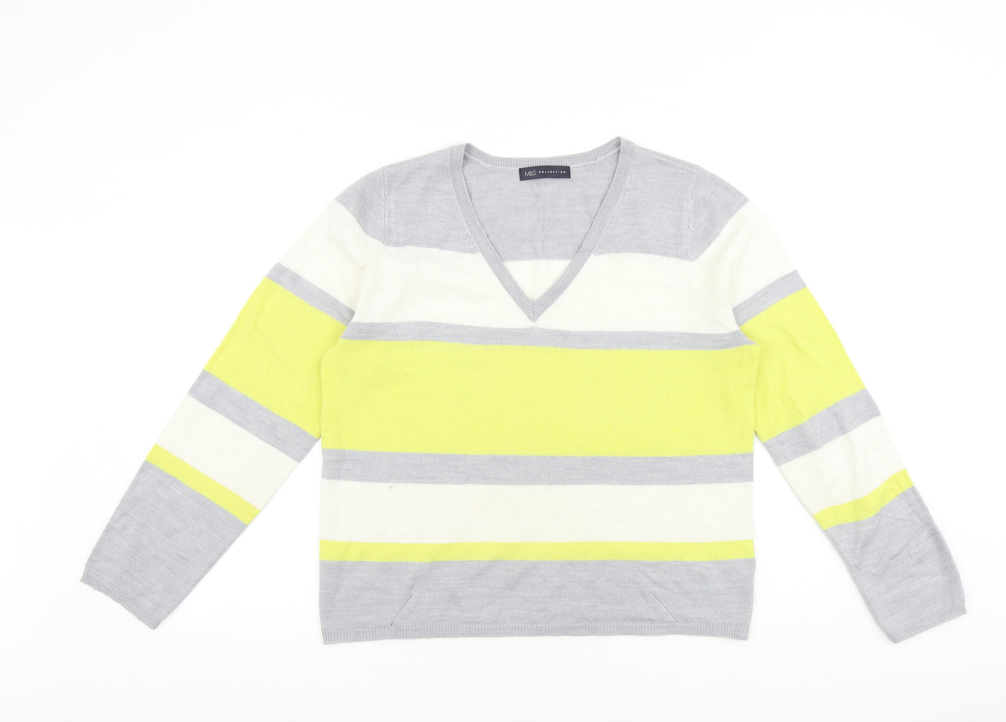 Marks and Spencer Womens Grey V-Neck Striped Acrylic Pullover Jumper Size 14