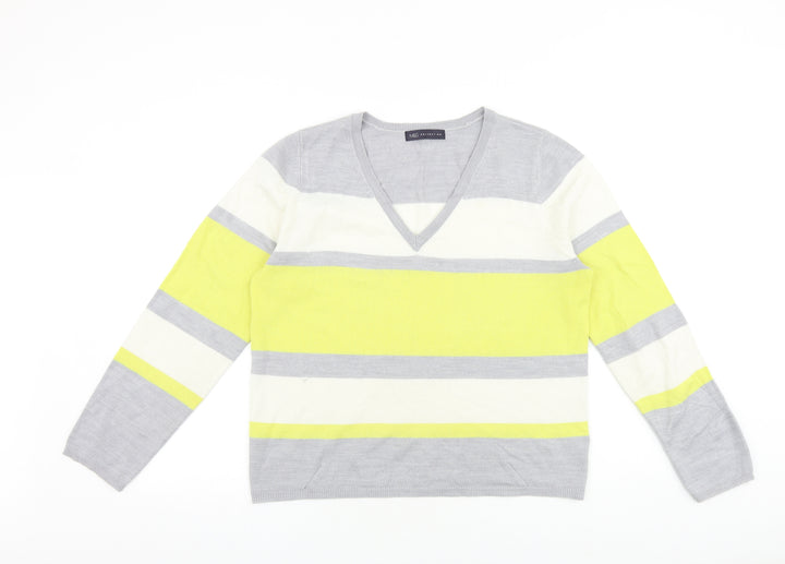 Marks and Spencer Womens Grey V-Neck Striped Acrylic Pullover Jumper Size 14