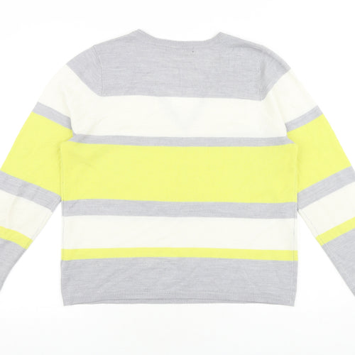 Marks and Spencer Womens Grey V-Neck Striped Acrylic Pullover Jumper Size 14