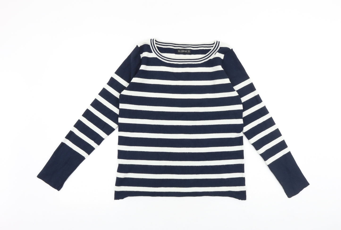 Zara Womens Blue Striped Acrylic Basic T-Shirt Size M Round Neck