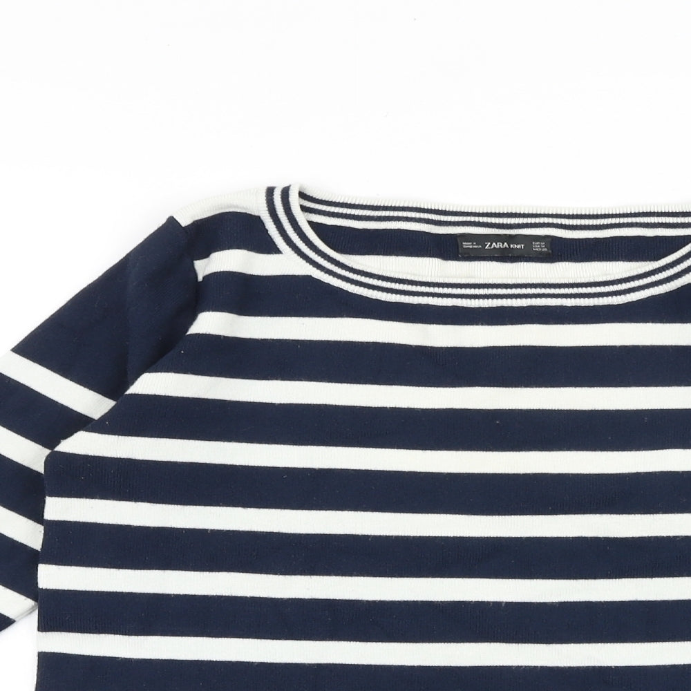 Zara Womens Blue Striped Acrylic Basic T-Shirt Size M Round Neck