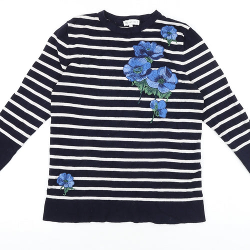 Warehouse Womens Blue Round Neck Striped Viscose Pullover Jumper Size 12 - Floral Detail