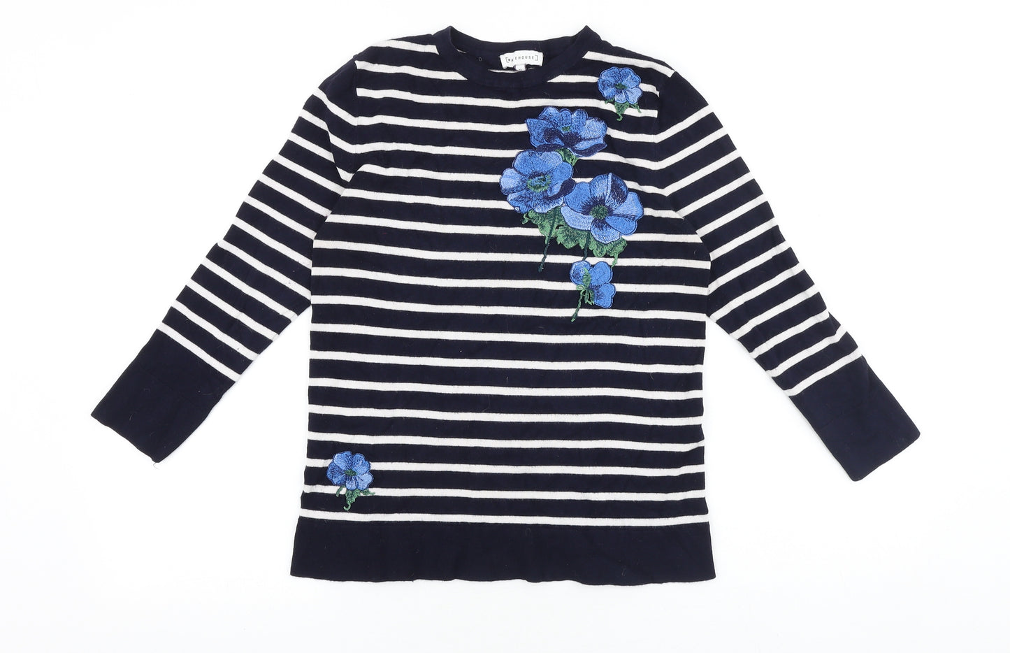 Warehouse Womens Blue Round Neck Striped Viscose Pullover Jumper Size 12 - Floral Detail