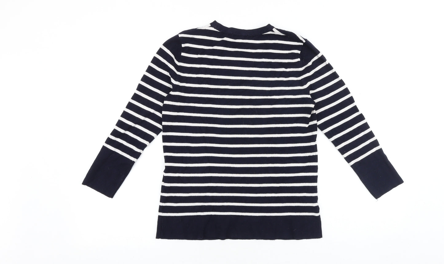 Warehouse Womens Blue Round Neck Striped Viscose Pullover Jumper Size 12 - Floral Detail