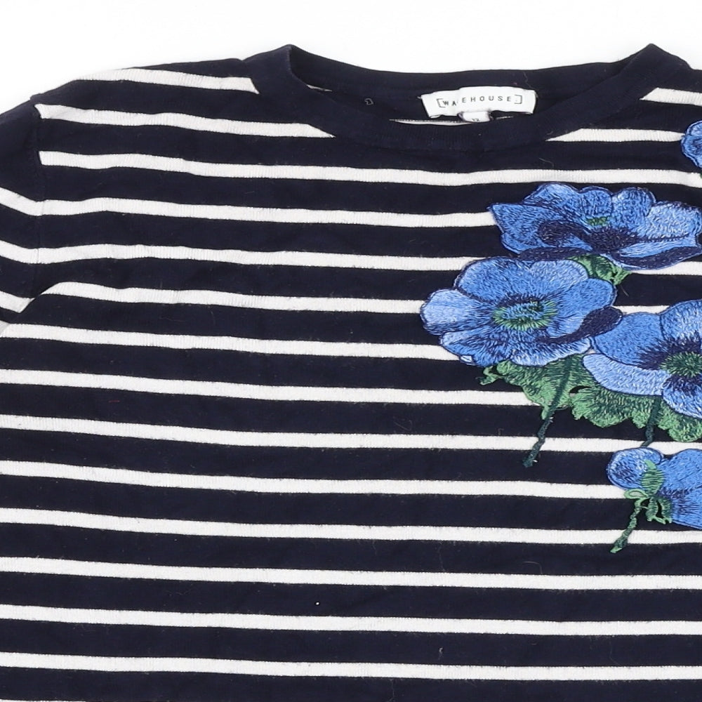 Warehouse Womens Blue Round Neck Striped Viscose Pullover Jumper Size 12 - Floral Detail